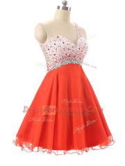 Fantastic Orange Red Backless Prom Evening Gown Beading Sleeveless Mini Length