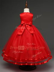 Trendy Red Ball Gowns Tulle Scoop Sleeveless Hand Made Flower Floor Length Zipper Little Girls Pageant Gowns