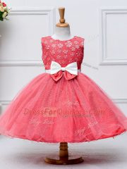 Knee Length Zipper Little Girl Pageant Gowns Coral Red for Wedding Party with Lace and Bowknot