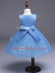Light Blue Sleeveless Knee Length Appliques and Bowknot Zipper Flower Girl Dresses