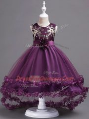 Low Price Dark Purple Tulle Zipper Scoop Sleeveless High Low Little Girl Pageant Gowns Appliques and Hand Made Flower