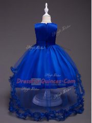 Low Price Dark Purple Tulle Zipper Scoop Sleeveless High Low Little Girl Pageant Gowns Appliques and Hand Made Flower