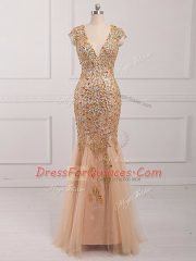 V-neck Cap Sleeves Prom Dress Beading Champagne Tulle
