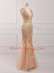 V-neck Cap Sleeves Prom Dress Beading Champagne Tulle