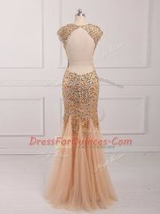 V-neck Cap Sleeves Prom Dress Beading Champagne Tulle