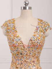 V-neck Cap Sleeves Prom Dress Beading Champagne Tulle