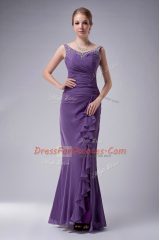Sleeveless Chiffon Floor Length Zipper in Blue with Beading
