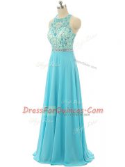 Aqua Blue Empire Beading Prom Dress Zipper Chiffon Sleeveless Floor Length