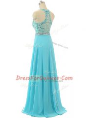 Aqua Blue Empire Beading Prom Dress Zipper Chiffon Sleeveless Floor Length
