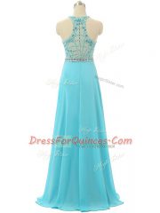 Aqua Blue Empire Beading Prom Dress Zipper Chiffon Sleeveless Floor Length