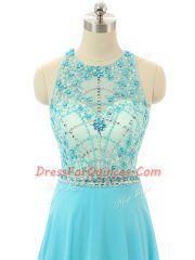 Aqua Blue Empire Beading Prom Dress Zipper Chiffon Sleeveless Floor Length