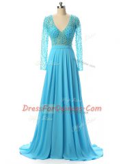 Comfortable Baby Blue Chiffon Zipper V-neck Long Sleeves Prom Evening Gown Brush Train Beading