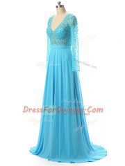 Comfortable Baby Blue Chiffon Zipper V-neck Long Sleeves Prom Evening Gown Brush Train Beading