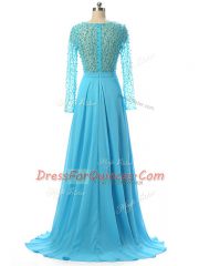 Comfortable Baby Blue Chiffon Zipper V-neck Long Sleeves Prom Evening Gown Brush Train Beading