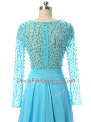 Comfortable Baby Blue Chiffon Zipper V-neck Long Sleeves Prom Evening Gown Brush Train Beading