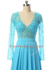 Comfortable Baby Blue Chiffon Zipper V-neck Long Sleeves Prom Evening Gown Brush Train Beading