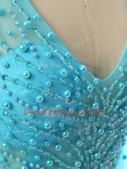 Comfortable Baby Blue Chiffon Zipper V-neck Long Sleeves Prom Evening Gown Brush Train Beading