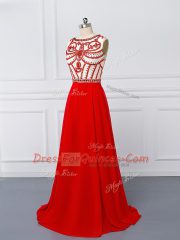 Red Scoop Neckline Beading Sleeveless Side Zipper