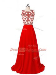Red Scoop Neckline Beading Sleeveless Side Zipper