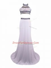 Glittering White Sleeveless Brush Train Beading Dress for Prom