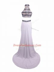 Glittering White Sleeveless Brush Train Beading Dress for Prom