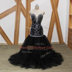 Tulle Sweetheart Sleeveless Brush Train Lace Up Beading Prom Dresses in Black