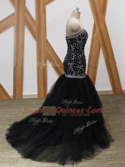 Tulle Sweetheart Sleeveless Brush Train Lace Up Beading Prom Dresses in Black
