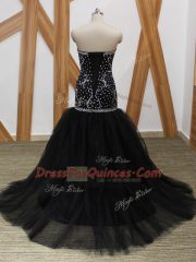 Tulle Sweetheart Sleeveless Brush Train Lace Up Beading Prom Dresses in Black