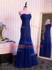 Cute Beading and Lace and Appliques and Pleated Royal Blue Lace Up Sleeveless Floor Length