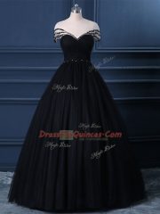 Wonderful Ball Gowns Prom Dress Black Scoop Tulle Short Sleeves Floor Length Side Zipper