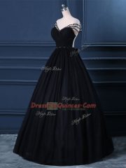 Wonderful Ball Gowns Prom Dress Black Scoop Tulle Short Sleeves Floor Length Side Zipper