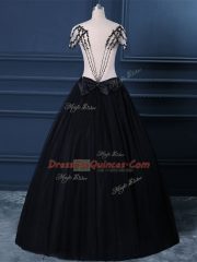 Wonderful Ball Gowns Prom Dress Black Scoop Tulle Short Sleeves Floor Length Side Zipper