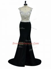 Deluxe Black Two Pieces Beading Evening Dress Zipper Chiffon Cap Sleeves