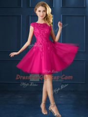 Knee Length Fuchsia Dama Dress for Quinceanera Tulle Cap Sleeves Lace and Belt