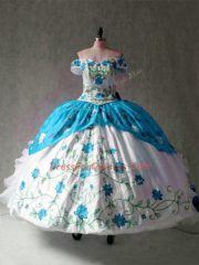 Blue And White Cap Sleeves Embroidery and Ruffles Floor Length Quinceanera Gown