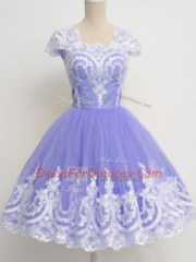 Romantic Knee Length Zipper Quinceanera Court of Honor Dress Lavender for Prom and Party and Wedding Party with Lace