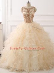 Designer Scoop Sleeveless Sweep Train Lace Up Quinceanera Dresses Champagne Organza
