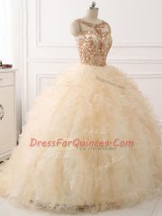 Designer Scoop Sleeveless Sweep Train Lace Up Quinceanera Dresses Champagne Organza