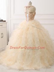Designer Scoop Sleeveless Sweep Train Lace Up Quinceanera Dresses Champagne Organza