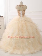 Designer Scoop Sleeveless Sweep Train Lace Up Quinceanera Dresses Champagne Organza