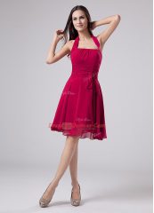 High End Fuchsia Chiffon Zipper Halter Top Sleeveless Knee Length Dress for Prom Ruching
