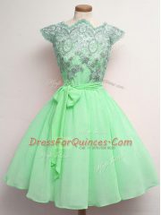 Superior A-line Quinceanera Dama Dress Apple Green Scalloped Chiffon Cap Sleeves Knee Length Lace Up