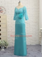 Long Sleeves Lace and Appliques and Ruching and Hand Made Flower Zipper Prom Dress