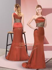 Rust Red Elastic Woven Satin Side Zipper Homecoming Dress Sleeveless Floor Length Pattern