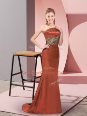 Rust Red Elastic Woven Satin Side Zipper Homecoming Dress Sleeveless Floor Length Pattern