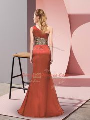 Rust Red Elastic Woven Satin Side Zipper Homecoming Dress Sleeveless Floor Length Pattern