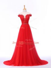 Brush Train Empire Prom Dresses Red Off The Shoulder Tulle Sleeveless Lace Up
