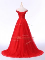 Brush Train Empire Prom Dresses Red Off The Shoulder Tulle Sleeveless Lace Up