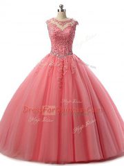 Scoop Sleeveless Quinceanera Dresses Floor Length Beading and Lace Watermelon Red Tulle