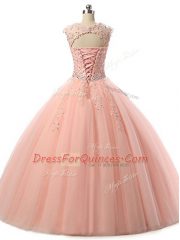Scoop Sleeveless Quinceanera Dresses Floor Length Beading and Lace Watermelon Red Tulle